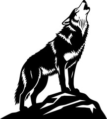 Fototapeta premium A lone wolf howls at the moon from atop a rocky outcropping, a silhouette against a stark background, viewed from the side