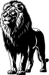 A majestic lion standing proudly in a powerful stance, showcasing its wild beauty and fierce mane from a front viewpoint.