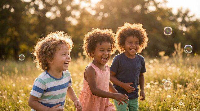 Three happy diverse children playing with bubbles in a sunny field.