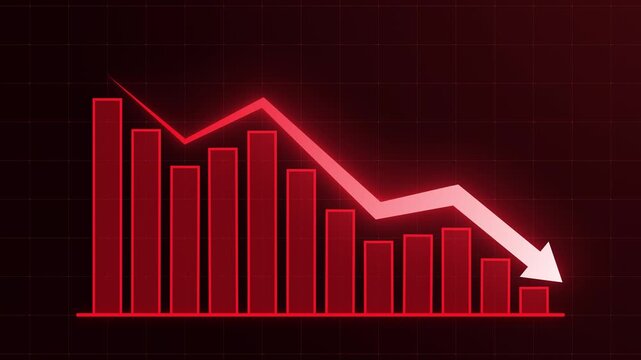 Red financial bar chart falling with downward arrow on dark grid background. Illustrating stock market crash, business loss, economic recession, financial decline, and negative investment trend