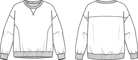 Oversized crew neck sweatshirt technical fashion flat sketch template front and back view vector illustration for apparel design tech pack. © DALIARA 
