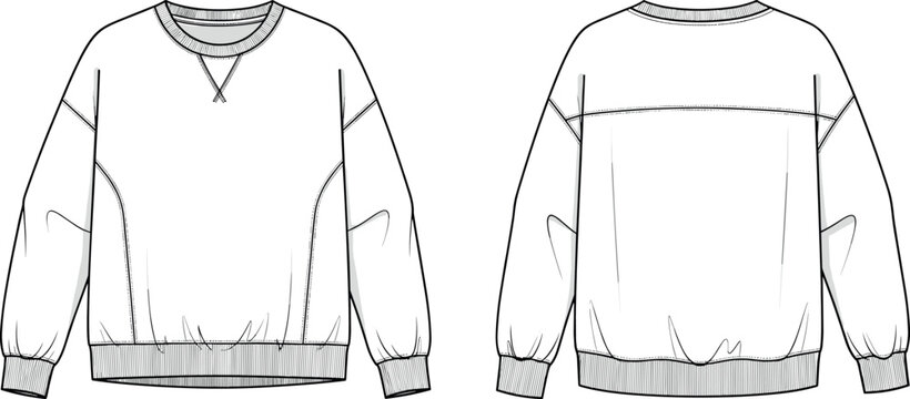 Oversized crew neck sweatshirt technical fashion flat sketch template front and back view vector illustration for apparel design tech pack.