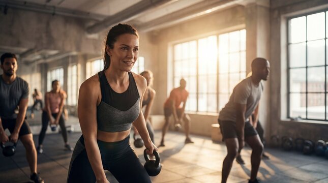 Smiling athletic woman leading a group kettlebell workout class in a sunny gym.