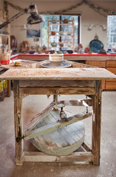 Interior view of a potter's workshop in Hockinson, the potters wheel and workbench,