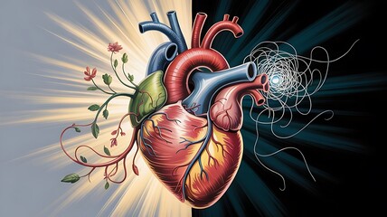 Naklejka premium Biological heart with flowers and messy wires representing emotions