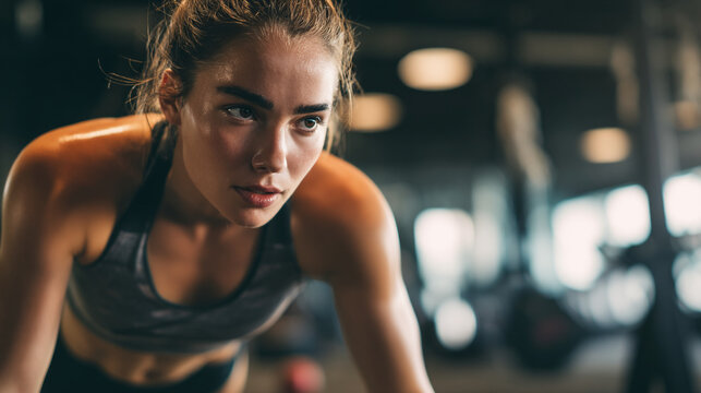 A determined young woman working out at the gym to stay fit