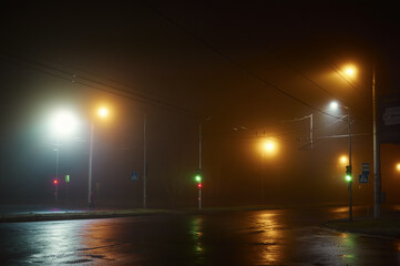 Naklejka premium A foggy night street in the light of streetlights in the city