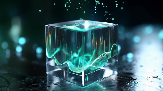 Luminous particles swirl inside a transparent cube