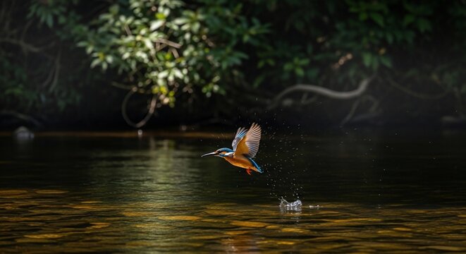 Kingfisher in flight over water with reflections and lush green foliage in the background.