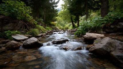 A clear forest stream cascades over rocks with motion blur surrounded by lush green trees and foliage