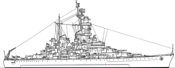 Detailed battleship line drawing, naval warship illustration, military engineering design, armed vessel blueprint, complex structure, maritime defense, historical ship concept © iTZ mE