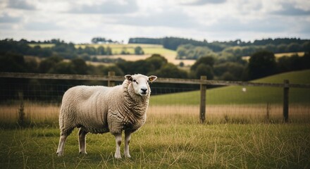 Obraz premium Majestic Sheep Standing Alone in a Lush Green Pasture.