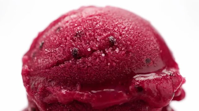 Macro shot of rich red berry sorbet scoop. extreme close-up of vibrant frozen dessert texture with fruit bits against clean white background for menu or advertising.