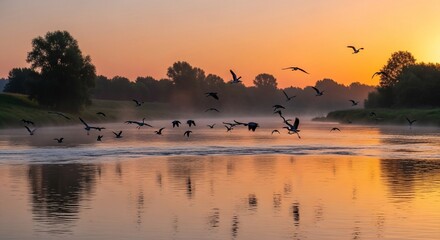 Serene Sunrise Over Misty River with Flying Birds and Golden Reflections.