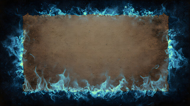 Dark fantasy background with fire framing empty rectangular parchment