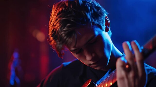 Young musician plays guitar under stage lights