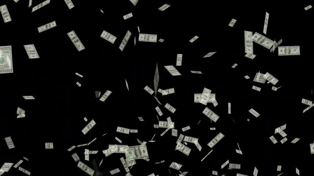 Dynamic money explosion animation with flying cash bills bursting outward on transparent background
