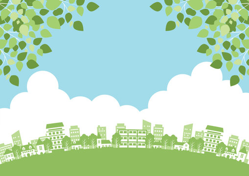 初夏の近郊街並み背景、かわいい、シンプル、イラスト、横