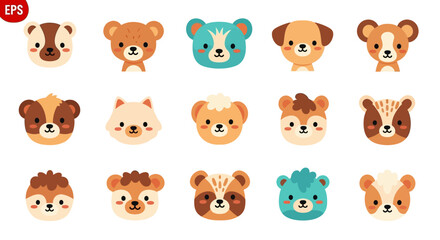 Collection of adorable cartoon animal faces cute bear dog and other friendly creatures © Hadi