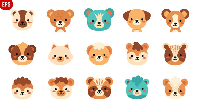 Collection of adorable cartoon animal faces cute bear dog and other friendly creatures
