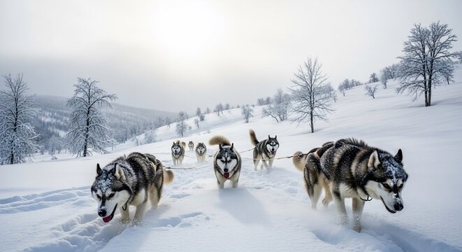 Sled Dogs Racing Through a Snowy Winter Landscape.