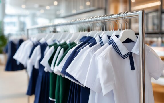 Modern Uniforms Displayed on Hangers in Stylish Clothing Store Interior