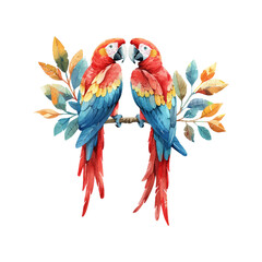 Obraz premium couple macaw parrot with tropical leaves hand drawn vector illustration