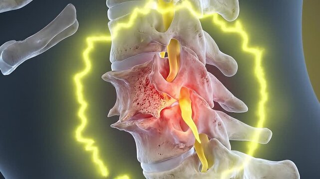 Joint anatomy cartilage wear spine pain illustration medical concept with glowing neural nerve vertebrae injury and 3D neck joint anatomy showing cervical spine cartilage wear and spinal vertebrae