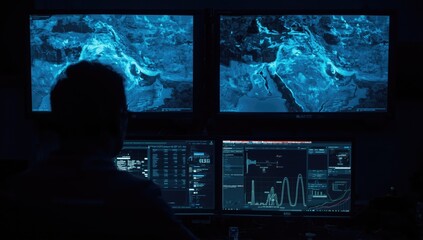 Fototapeta premium Modern Security Operations Center: Multi-Screen Surveillance Room with Operators Monitoring Global Data and Satellite Maps