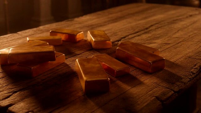 Gold bars lie on a rustic wooden table, reflecting warm light, symbolizing wealth and luxury.