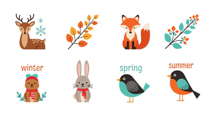 Obraz premium Seasonal illustrations deer fox rabbit and bird with decorative foliage