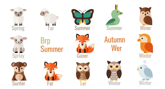 Cute cartoon animals and seasons illustration spring summer autumn and winter