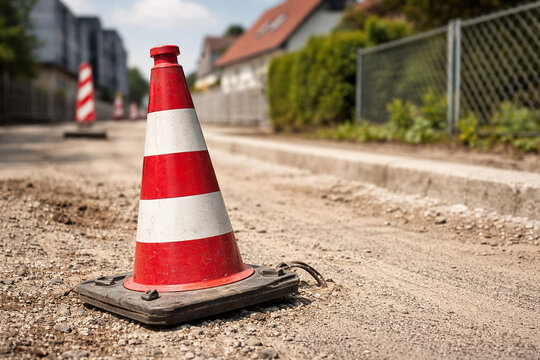 AI generated red and white traffic cone on dusty residential street under construction highlighting safety caution and urban infrastructure maintenance in daylight