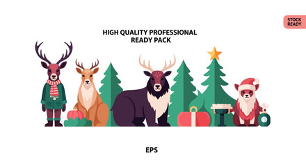 Festive holiday character illustrations reindeer christmas elements vector set © Hadi