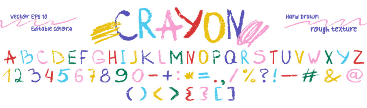 Funny colorful kids font with hand drawn crayon texture. English letters, numbers and punctuation marks handwritten by color chalk or pencil Cute multicolored alphabet vector illustration for children