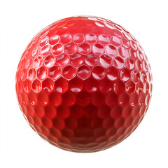 Single vibrant red golf ball with dimple texture isolated on white background. Professional studio photography of sports equipment. Minimalist concept for golf and luxury