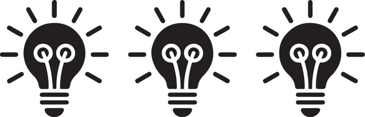 Three simple black icons of a glowing light bulb symbolizing idea innovation and creativity on a transparent background for conceptual design and art © Mohammod Foysal SSF.