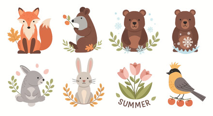Fototapeta premium Set of cute cartoon forest animals fox bear rabbit bird and more for design