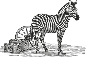 Fototapeta premium Illustration of a zebra standing next to wooden crates and a large wheel on a textured surface