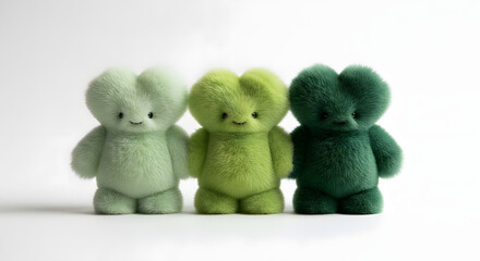 Cute Fluffy Green Lucky Characters Trio Saint Patricks Day Inspired Mascot Illustration with Soft Plush Texture