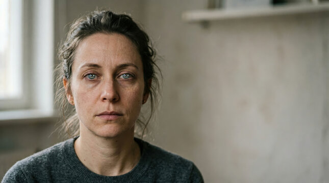 Woman looking directly at camera indoors