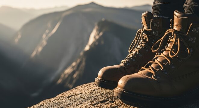 Hiking Boots Resting on a Rocky Ledge with Majestic Mountain Landscape at Sunset.