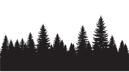Obraz premium Silhouetted evergreen forest against a white background, showcasing a dense collection of pine trees in varied heights.