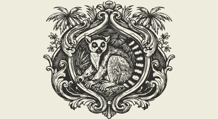 Fototapeta premium Vintage lemur illustration framed by ornate baroque scrollwork and tropical palm leaves