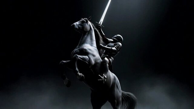 Armored knight wielding a sword atop a rearing horse in a dramatic, smoky, and dark atmosphere.