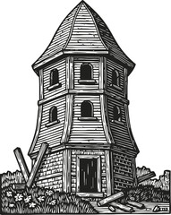 Fototapeta premium Old wooden windmill tower with broken blades in grass field vintage engraving