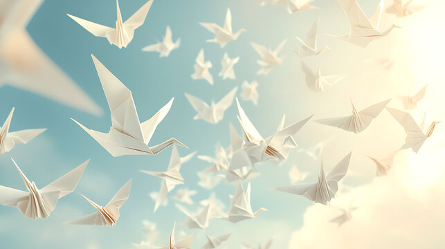 Many white origami cranes flying high in the sunny blue sky with clouds.