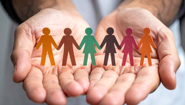 Diverse paper cutouts held in open hands symbolizing unity and community support
