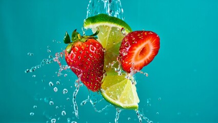 Vibrant Strawberry and Lime Splash in Turquoise Water &mdash; Freshness, Hydration & Natural Energy Concept