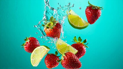 Vibrant Strawberry and Lime Splash in Turquoise Water &mdash; Freshness, Hydration & Natural Energy Concept